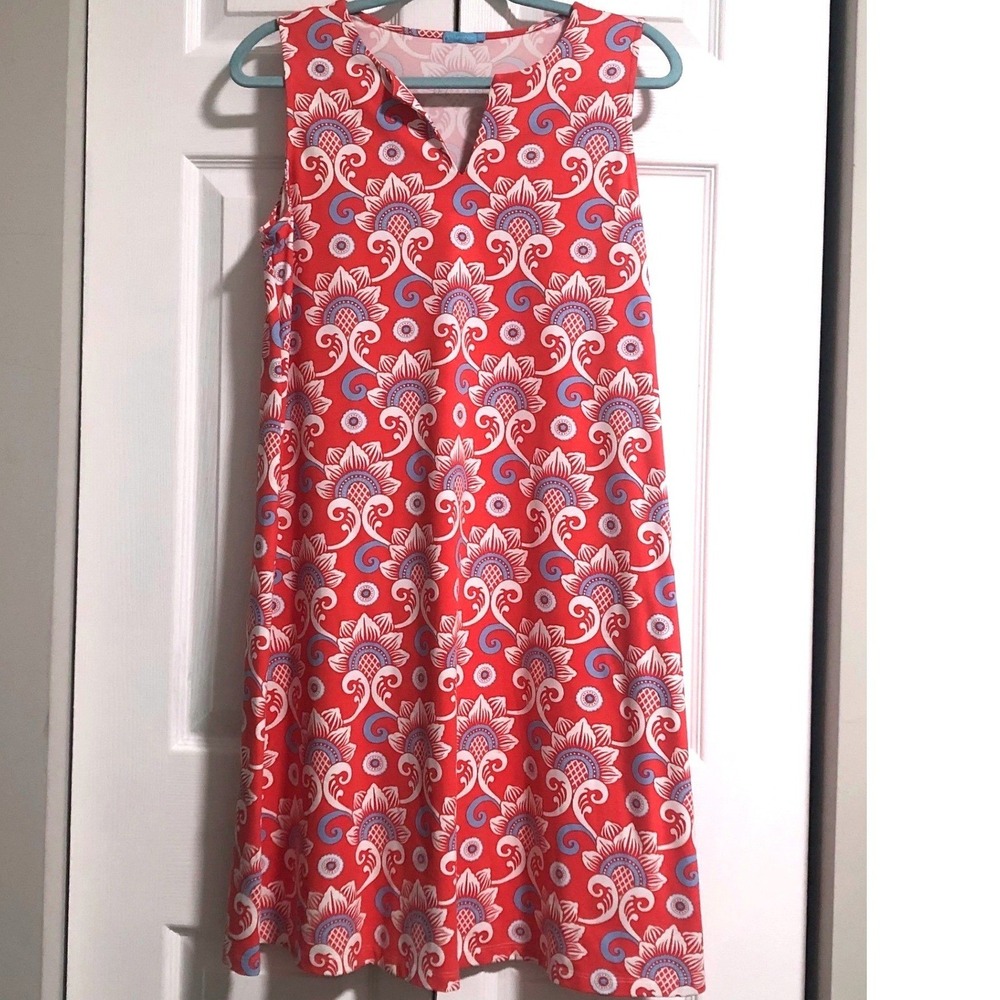 J. McLaughlin Womens Red Blue Floral Medallion Sleeveless Shift Dress Size M